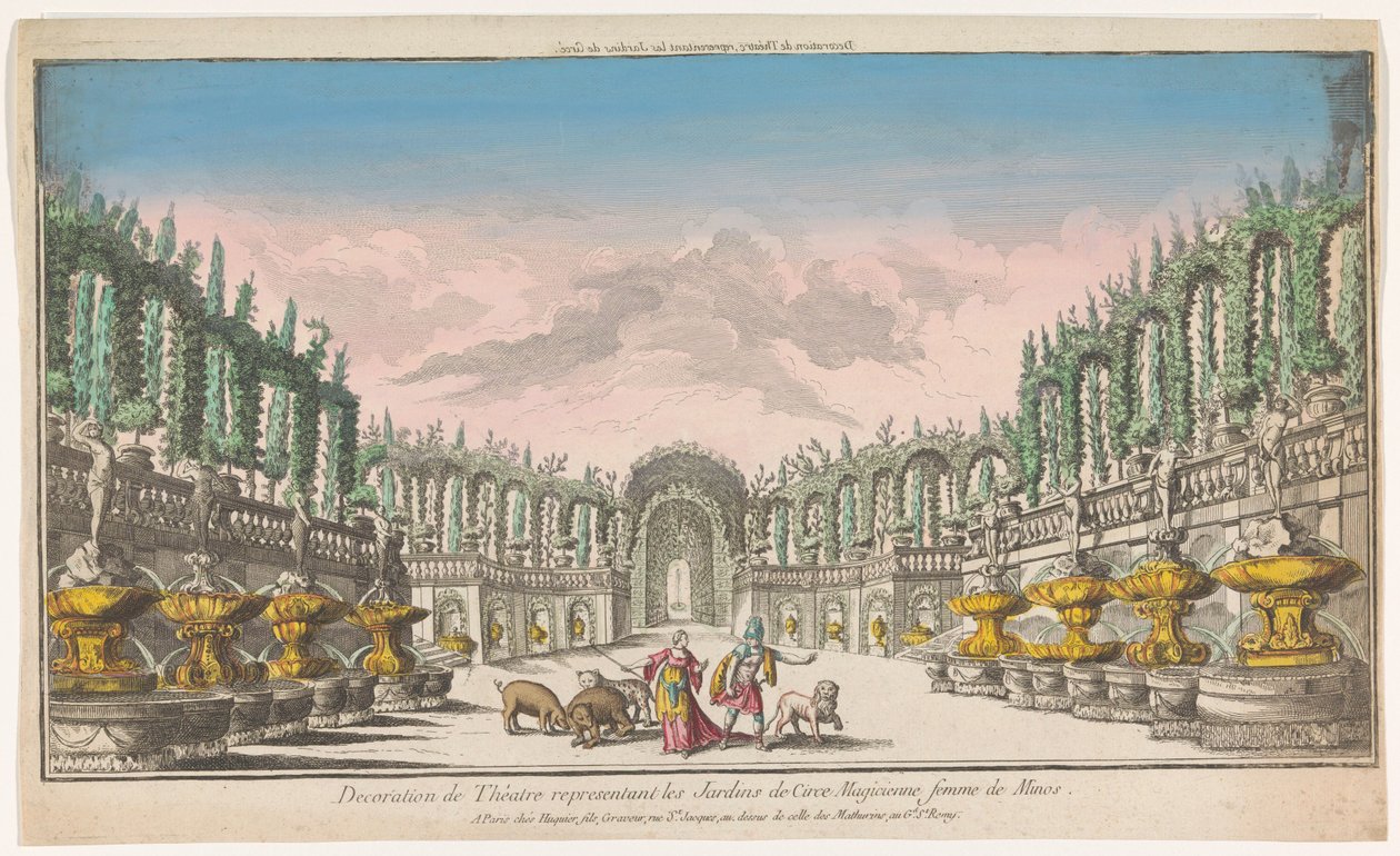 Widok na ogród Kirke Decoration de théatre, reprezentacyjne les jardins de Circe (tytuł na obiekcie) autorstwa Jacques Gabriel Huquier
