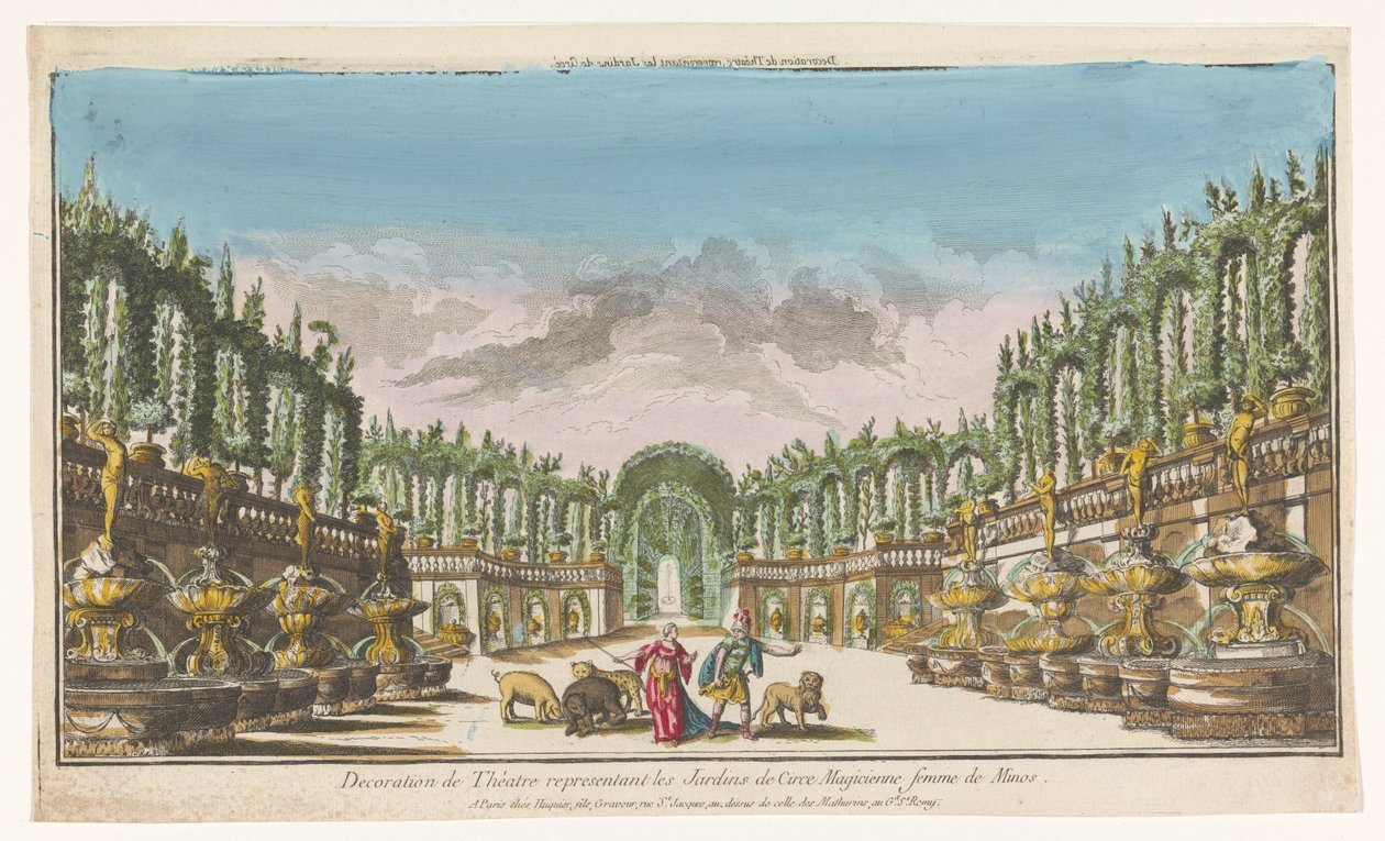 Widok na ogród Kirke Decoration de théatre, reprezentacyjne les jardins de Circe (tytuł na obiekcie) autorstwa Jacques Gabriel Huquier