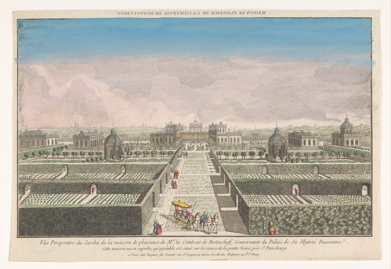 Widok na ogród wiejskiej rezydencji hrabiny Betoucheff w pobliżu miasta Sankt Petersburg Maison de plaisance de la comtesse de Bestoucheff (tytuł obiektu) autorstwa Jacques Gabriel Huquier