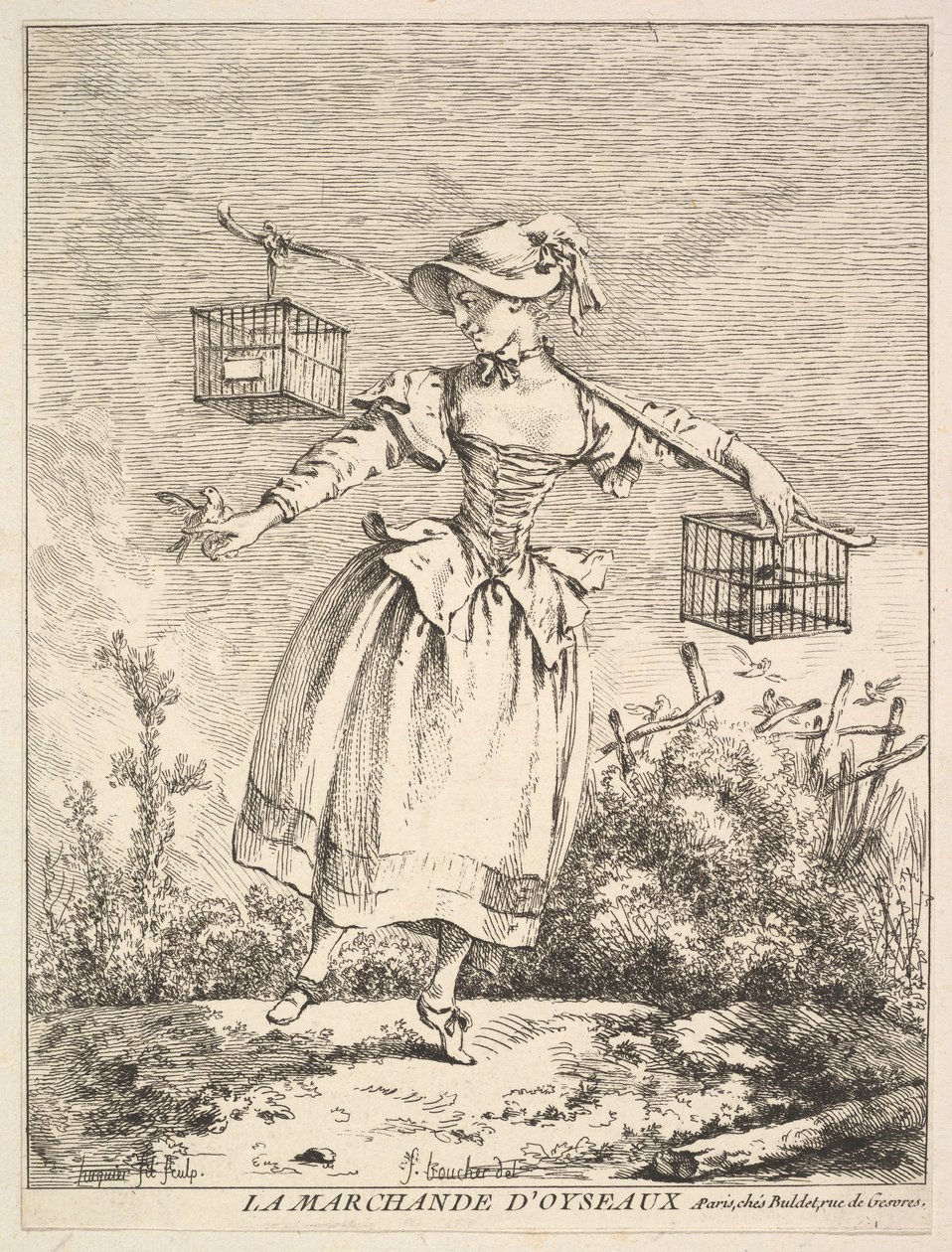 Kupiec ptaków, XVIII wiek. autorstwa Jacques Gabriel Huquier