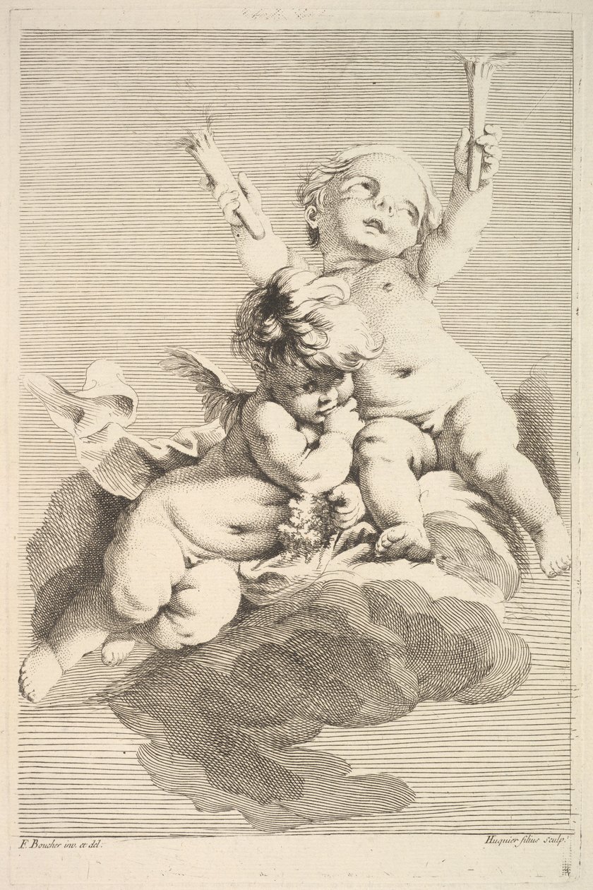 Dwa amorki, jedna trzymająca pochodnie, połowa do końca XVIII wieku. autorstwa Jacques Gabriel Huquier