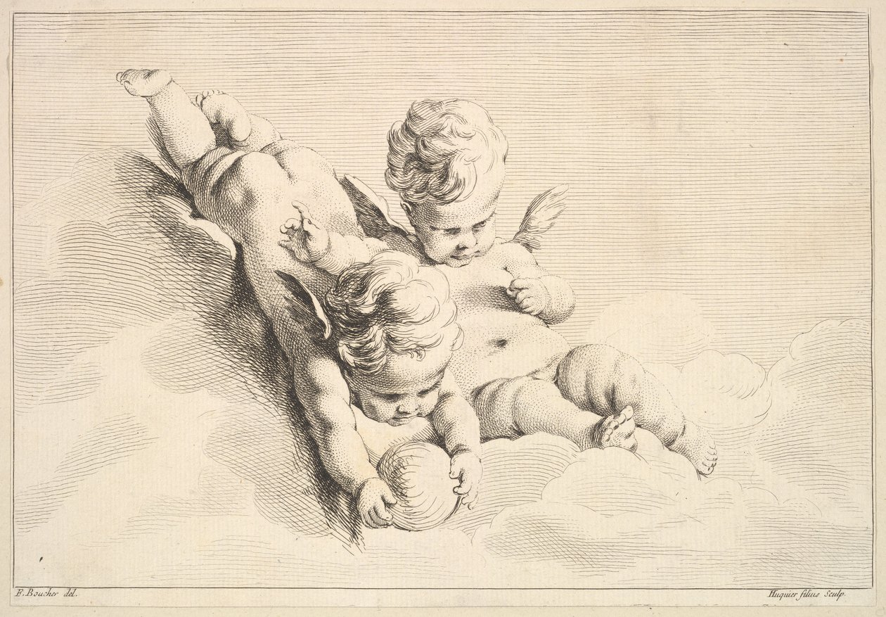 Dwa amorki, jeden trzymający piłkę, połowa do końca XVIII wieku. autorstwa Jacques Gabriel Huquier