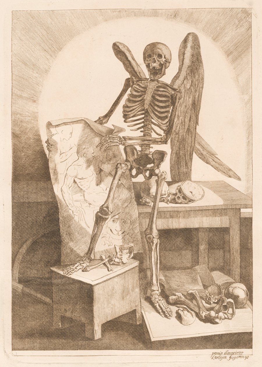 Skrzydlaty szkielet trzymający anatomiczny rysunek autorstwa Jacques Gamelin