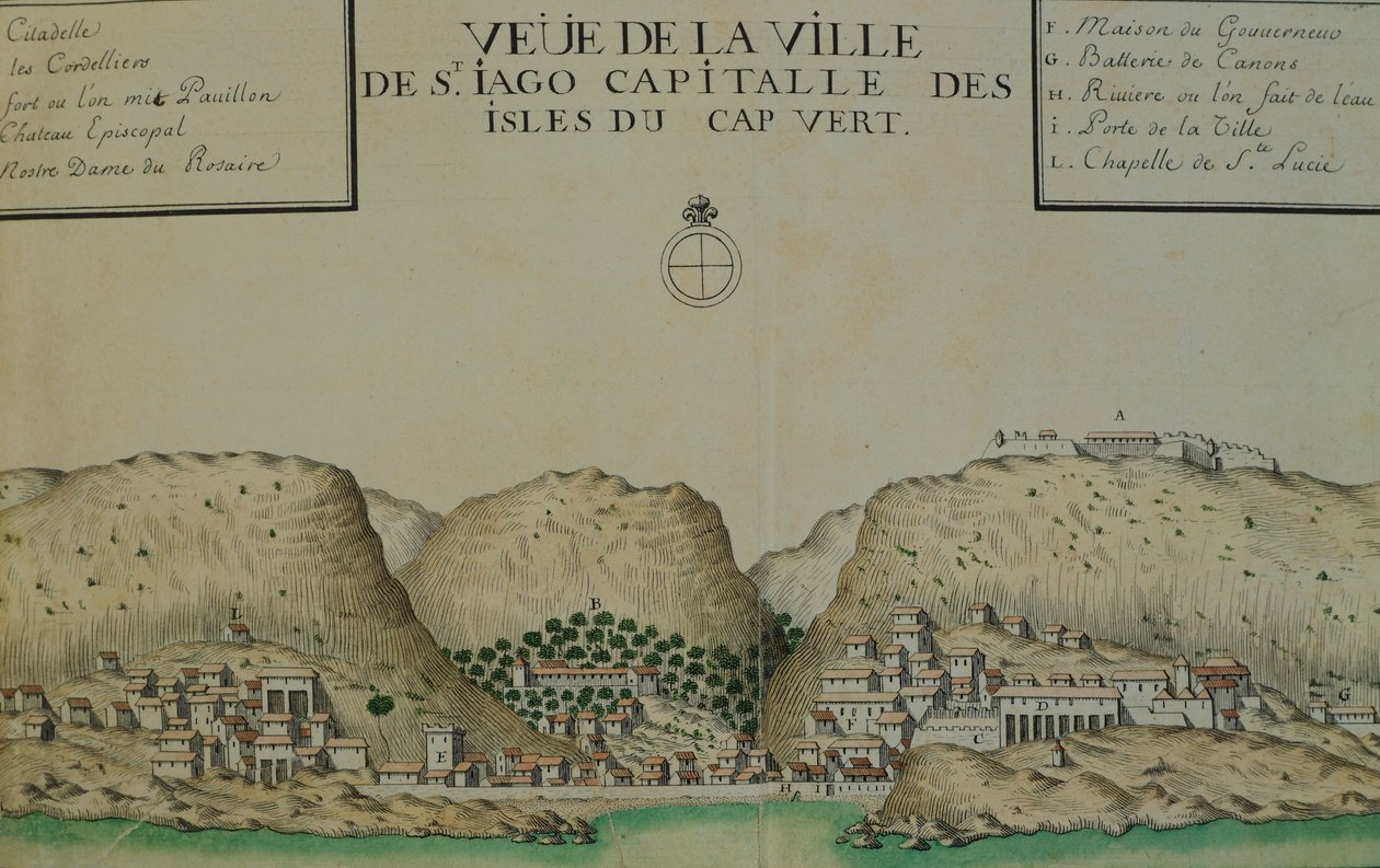 Miasto Saint Jago (Santiago) na Wyspach Zielonego Przylądka, akwarela z dziennika pokładowego prowadzonego przez Jacquesa Gouina de Beauchesne, kapitana statku na morzach południowych w latach 1698-1701. autorstwa Jacques Gouin de Beauchesne