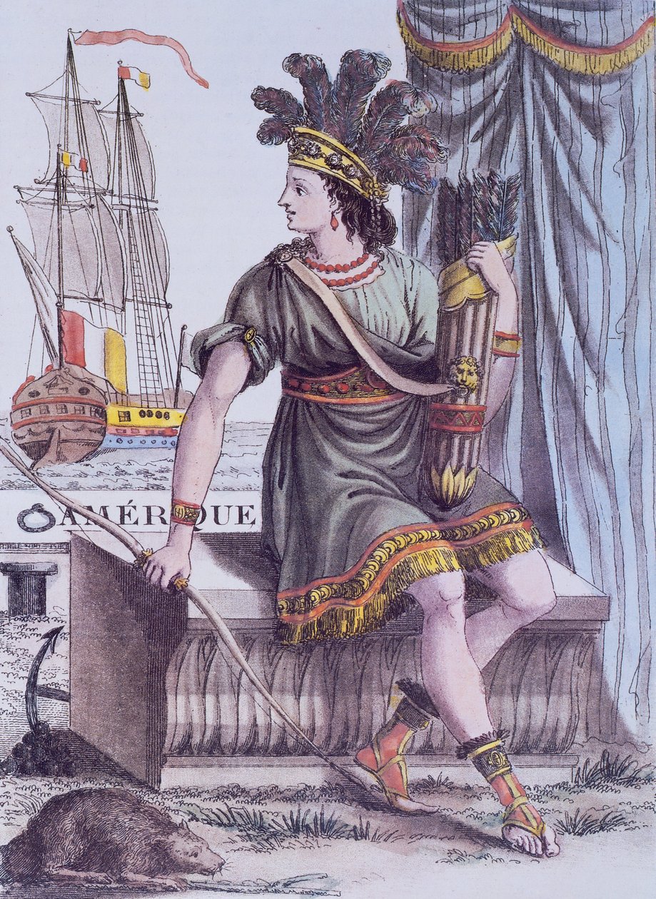 Strona tytułowa z Encyklopedii Podróży Jacques Grasset de Saint-Sauveur, przedstawiająca alegorię Ameryki autorstwa Jacques Grasset de Saint Sauveur