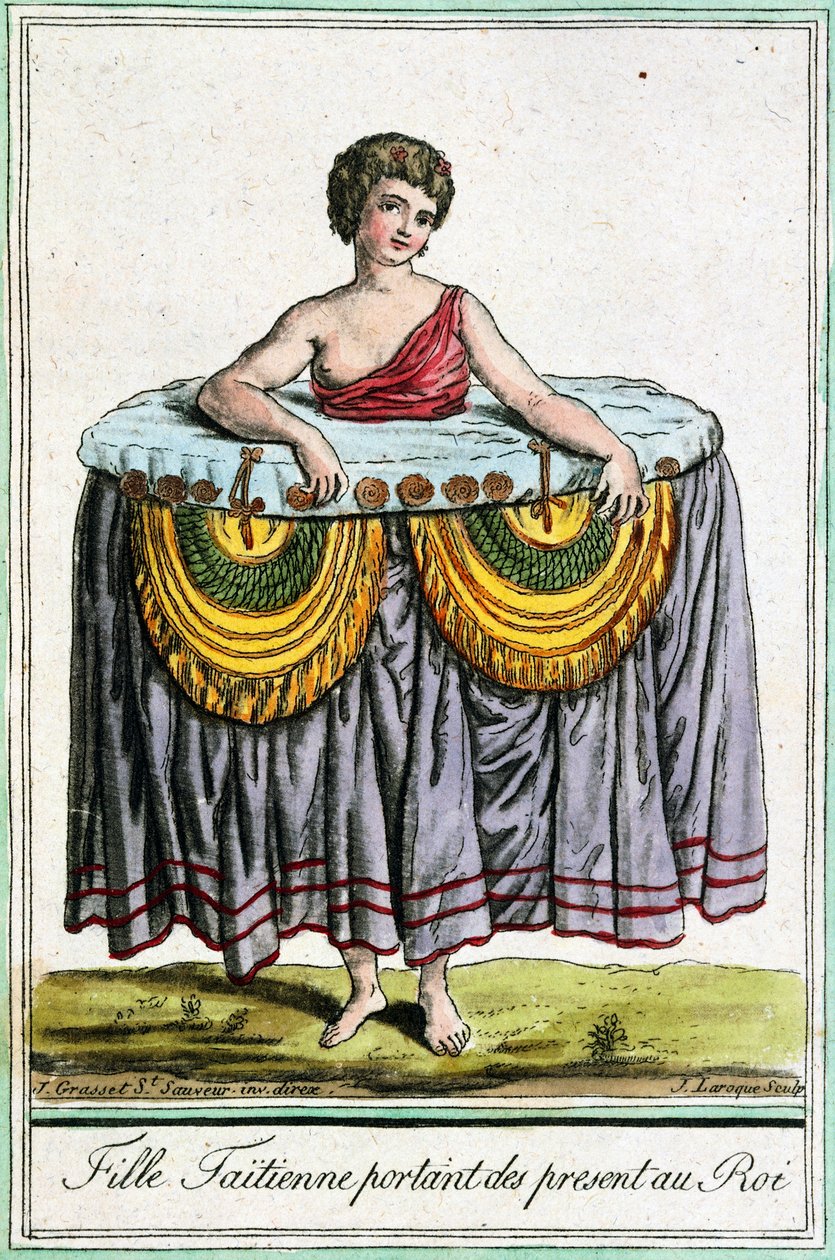 Młoda kobieta ofiarowuje prezenty królowi Tahiti, Society Islands, rycina z Encyklopedii podróży, Jacques Grasset de Saint-Sauveur (1757-1810) autorstwa Jacques Grasset de Saint Sauveur