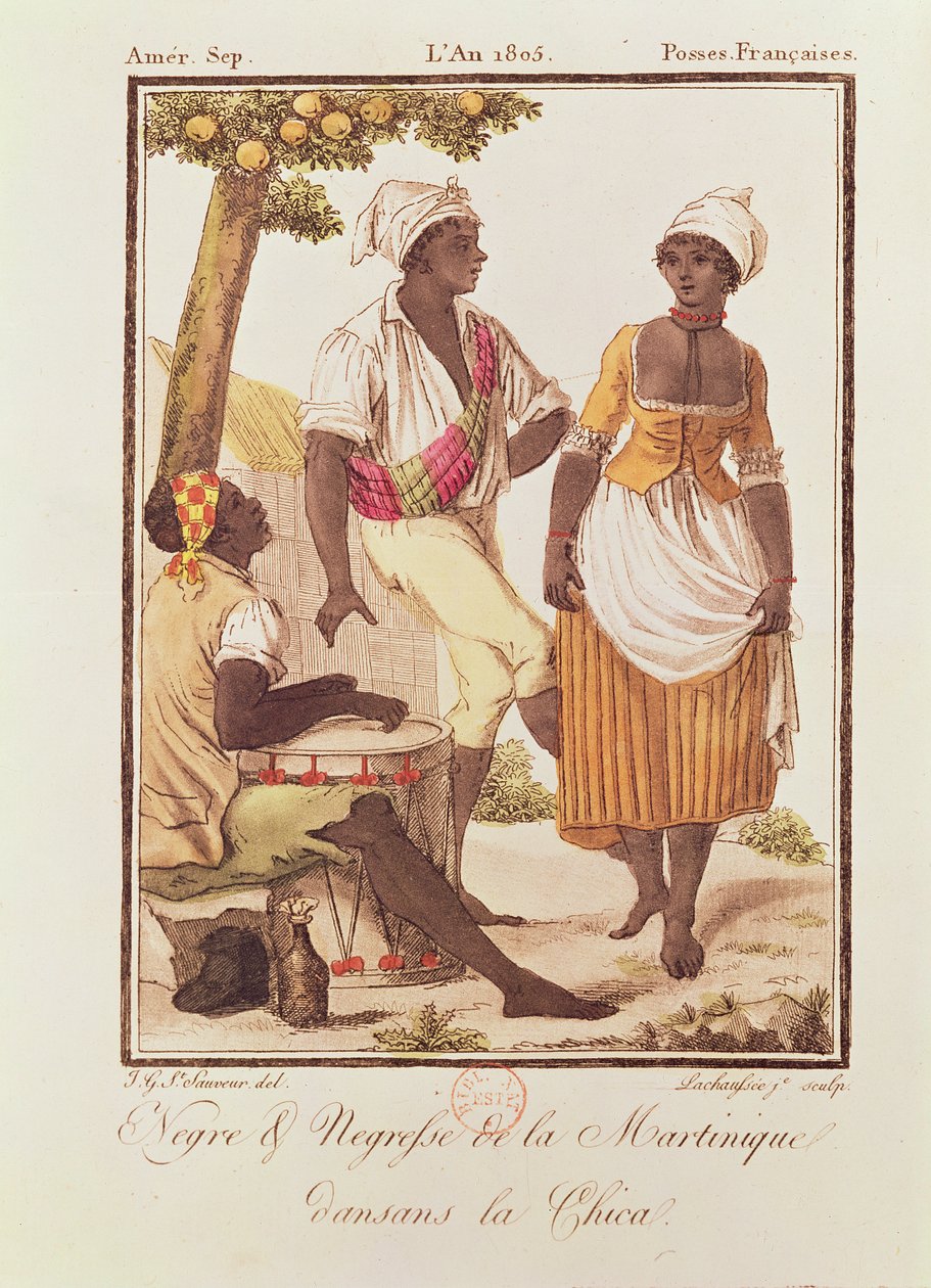 Czarny mężczyzna i kobieta z Martyniki Dancing „la Chica”, grawerowany przez Lachuassee, 1805 autorstwa Jacques Grasset de Saint Sauveur
