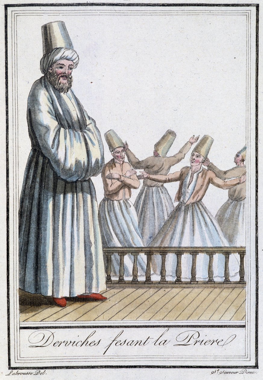 Modlący się derwisze (Wirujący derwisze) - w „Encyclopédie des voyages” Grasset Saint Sauveur, wyd. Paryż 1796 autorstwa Jacques Grasset de Saint Sauveur