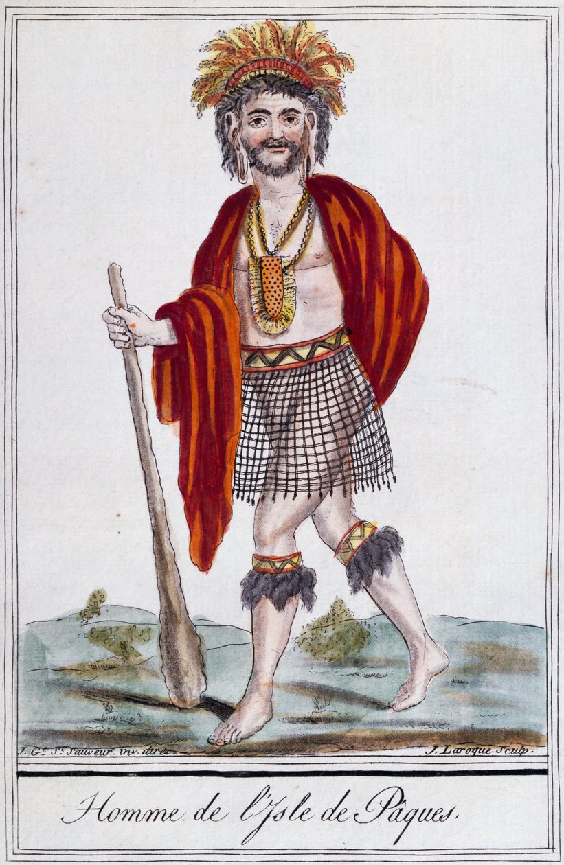 Pochodzący z Wyspy Wielkanocnej, kolorowy grawer autorstwa Laroque, Polinezja autorstwa Jacques Grasset de Saint Sauveur