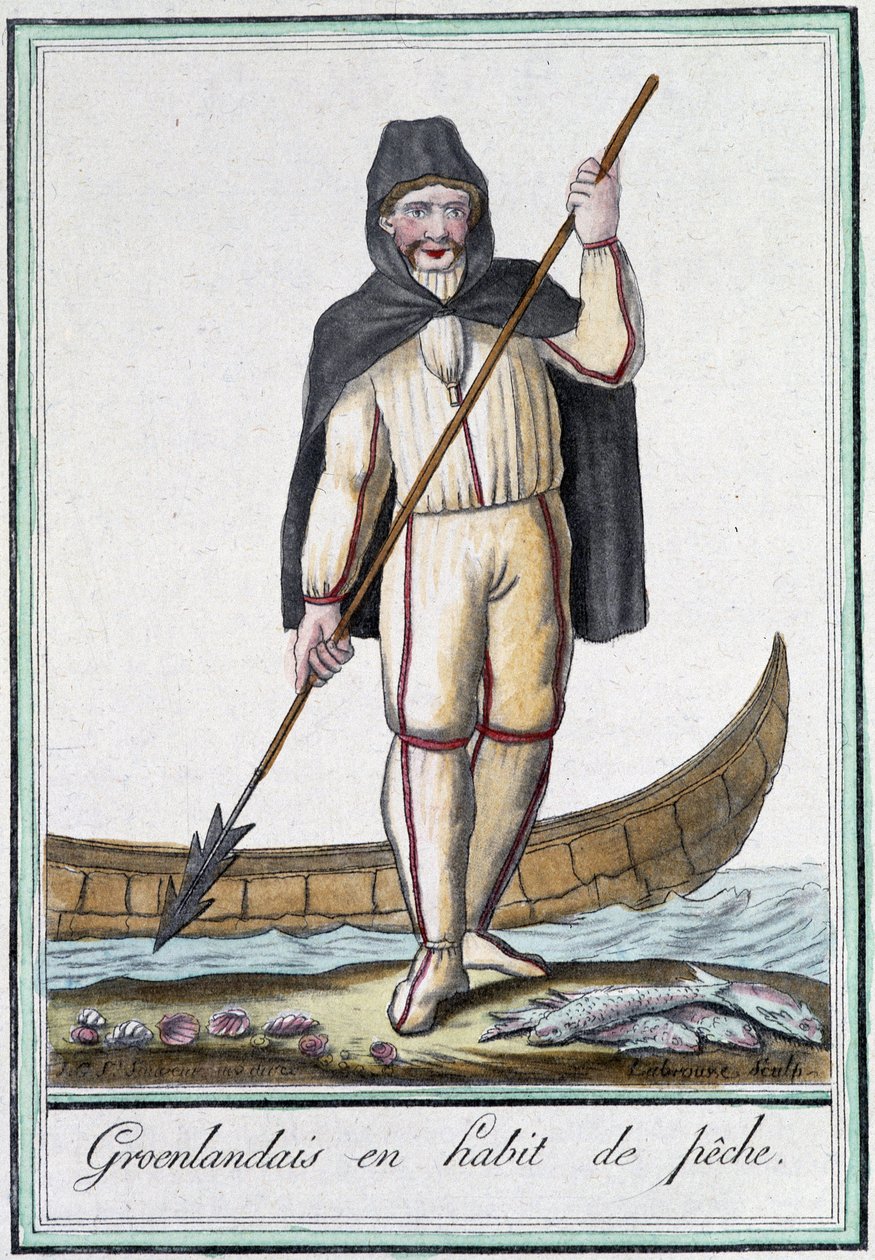 Grenlandczycy w ekwipunku rybackim - w „Encyclopédie des voyages” Grasset Saint Sauveur, wyd. Paryż 1796 autorstwa Jacques Grasset de Saint Sauveur