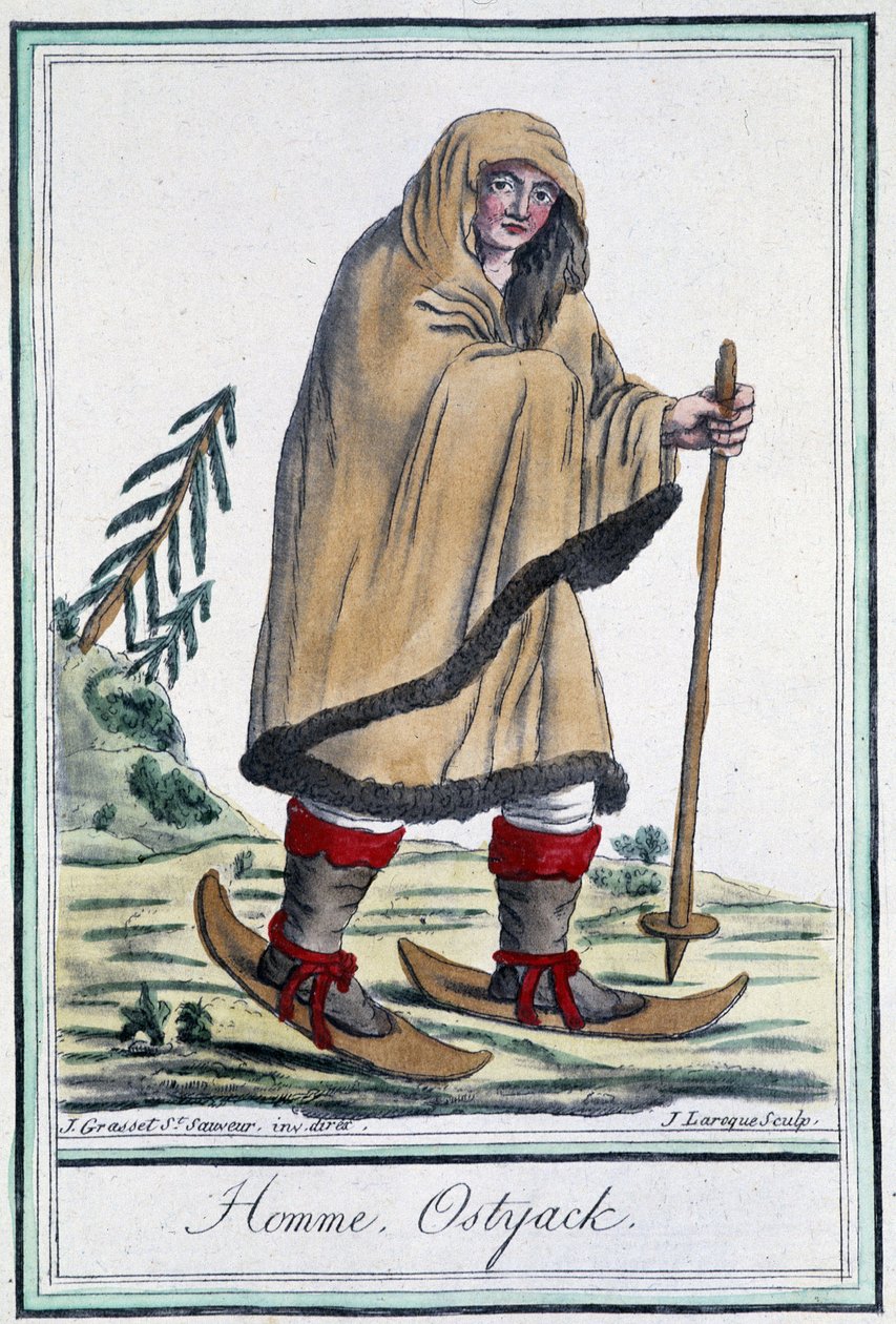 Ostyack na nartach - w „Encyclopédie des voyages” Grasset Saint Sauveur, wyd. Paryż 1796 autorstwa Jacques Grasset de Saint Sauveur