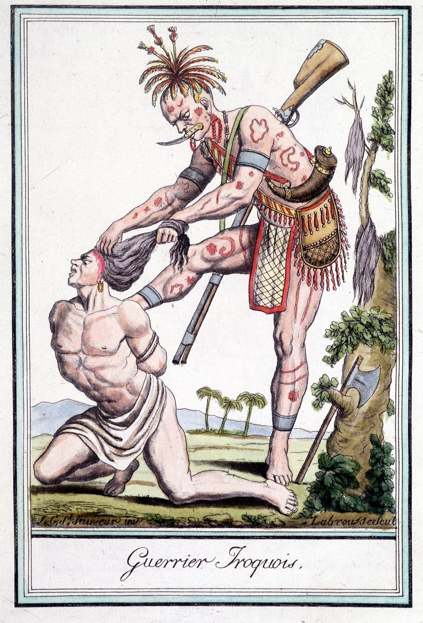 Wojownik Irokezów skalpuje swojego wroga - w „Encyklopedii podróży” Grasset St Sauveur, Paryż autorstwa Jacques Grasset de Saint Sauveur