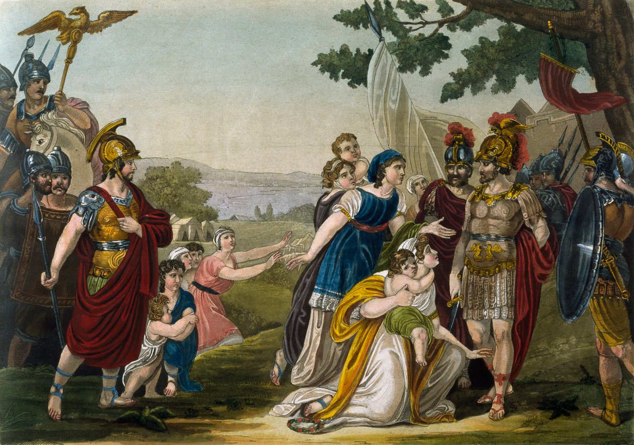 Rape of Sabine Women, Jacques Grasset de Saint-Sauveur (1757-1810), rycina ze starożytnego Rzymu, czyli historyczny i obrazowy opis wszystkiego, co dotyczyło Rzymian, ich wojskowości, obyczajów, życia religijnego i publicznego autorstwa Jacques Grasset de Saint Sauveur