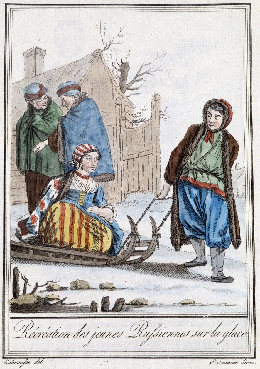 Rekreacja młodych Rosjan na saneczkach (Rosjanie) - w „”Encyklopedii podróży”” Grasset Saint Sauveur, wyd. Paryż 1796 autorstwa Jacques Grasset de Saint Sauveur