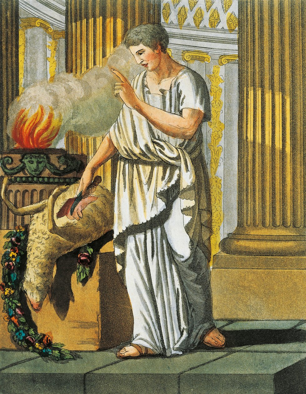 Wróżbita, Jacques Grasset de Saint-Sauveur (1757-1810), rycina ze starożytnego Rzymu, czyli historyczny i obrazowy opis wszystkiego, co dotyczyło ludu rzymskiego, jego wojska, obyczajów, życia religijnego i publicznego autorstwa Jacques Grasset de Saint Sauveur
