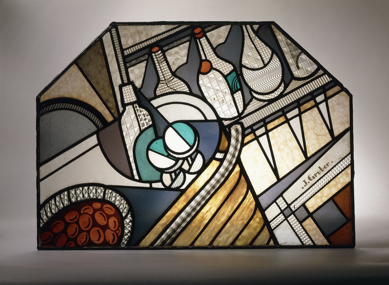 Panel witrażowy Art Deco przedstawiający bar koktajlowy (witraż ołowiowy) autorstwa Jacques Gruber