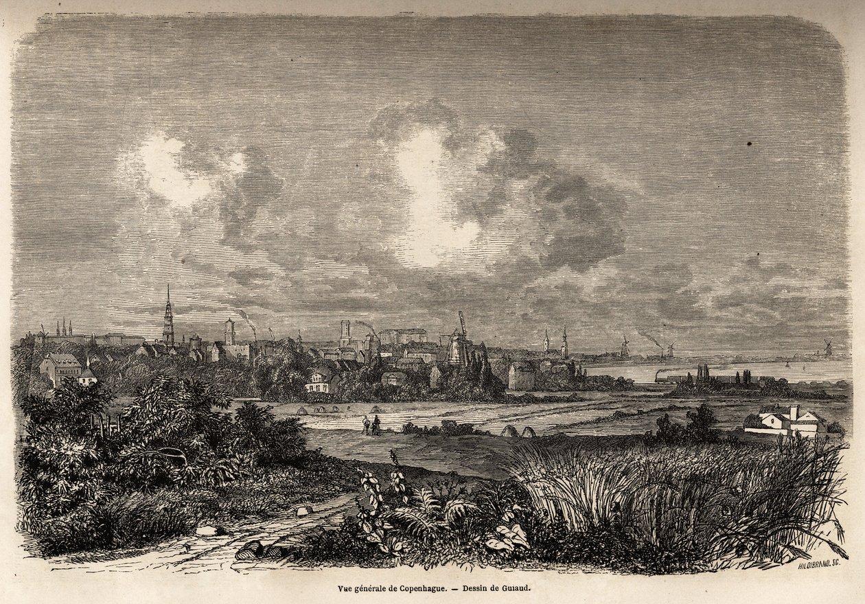 Widok ogólny Kopenhagi, rys. Jacques Guiaud (1810-1876), ilustrujący podróż J.M.Dargauda do Danii (1800-1860), w 1860 r. Rycina w „Le tour du monde” pod redakcją Edouarda Chartona autorstwa Jacques Guiaud