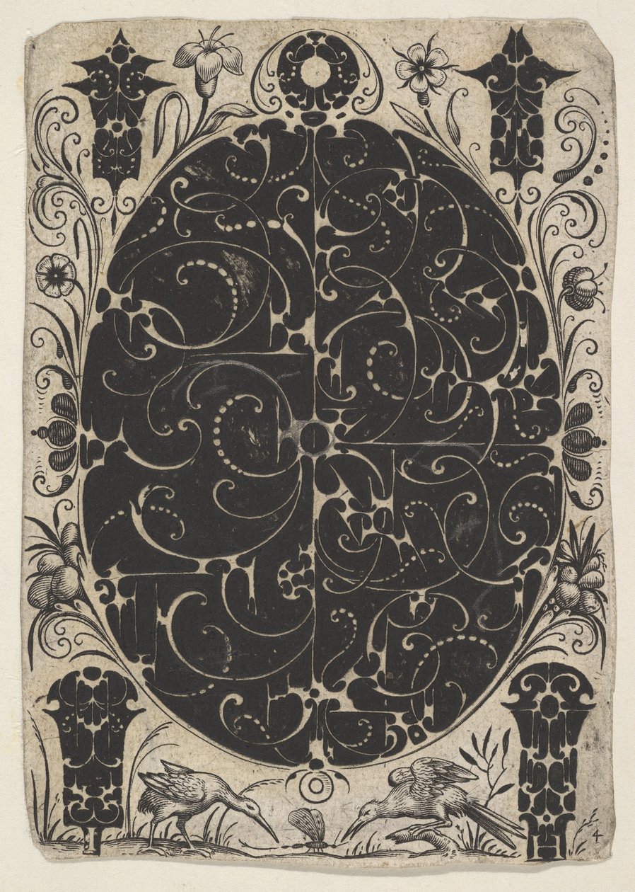 Koperta owalna ozdobiona Schweifwerkiem w dwóch wariantach, otoczona mniejszymi motywami..., ca. 1614-19. autorstwa Jacques Hurtu