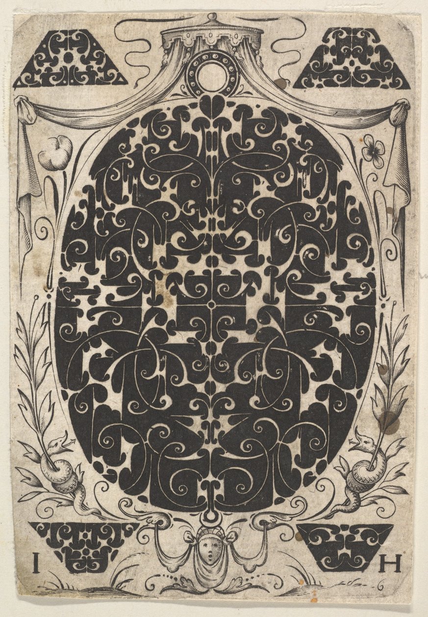 Wisiorek owalny ozdobiony Schweifwerk, otoczony mniejszymi motywami i zwieńczony b..., ca. 1614-19. autorstwa Jacques Hurtu