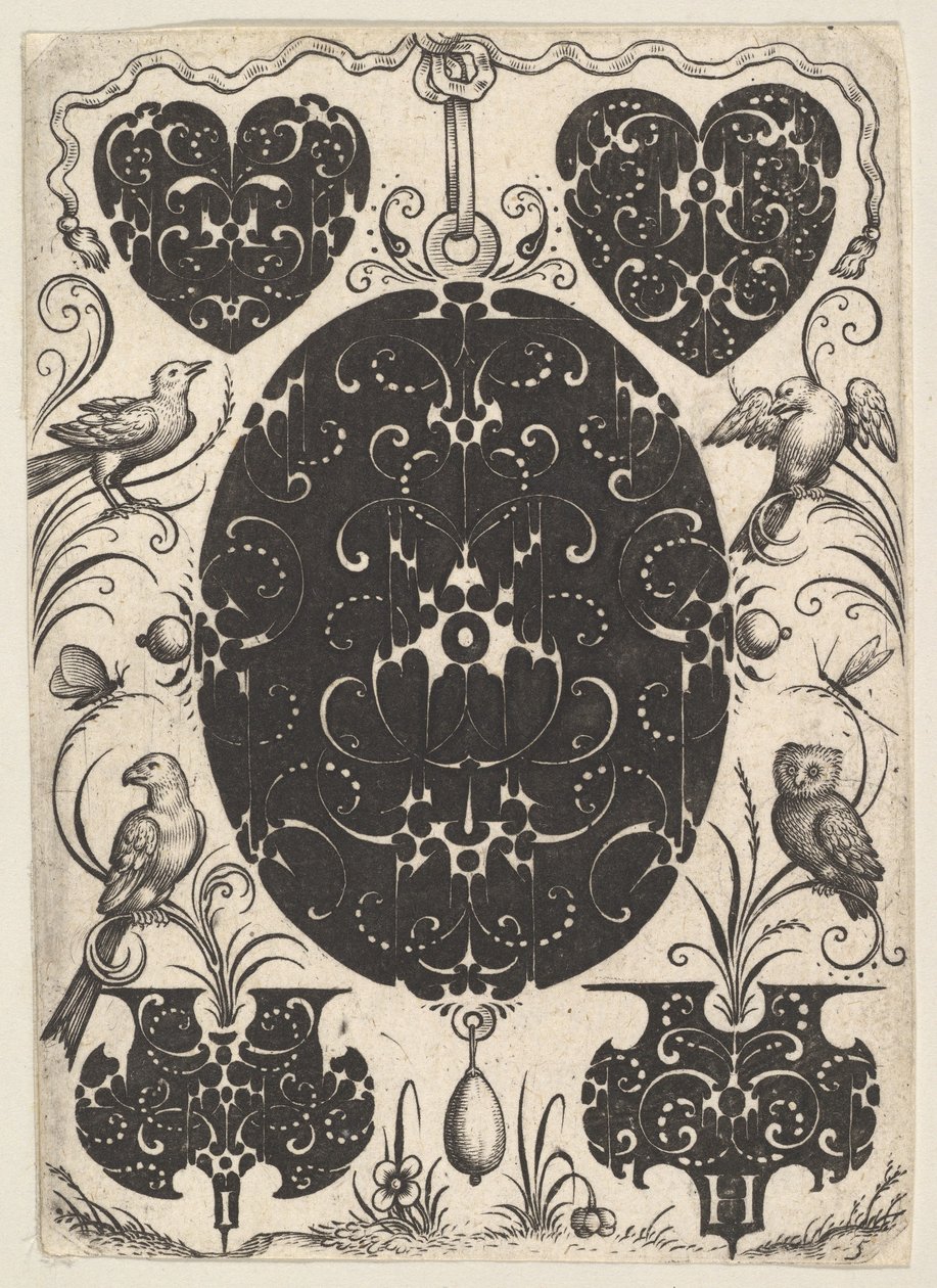 Wisiorek owalny ozdobiony Schweifwerk, otoczony mniejszymi motywami i czterema ptakami, ca. 1614-19. autorstwa Jacques Hurtu