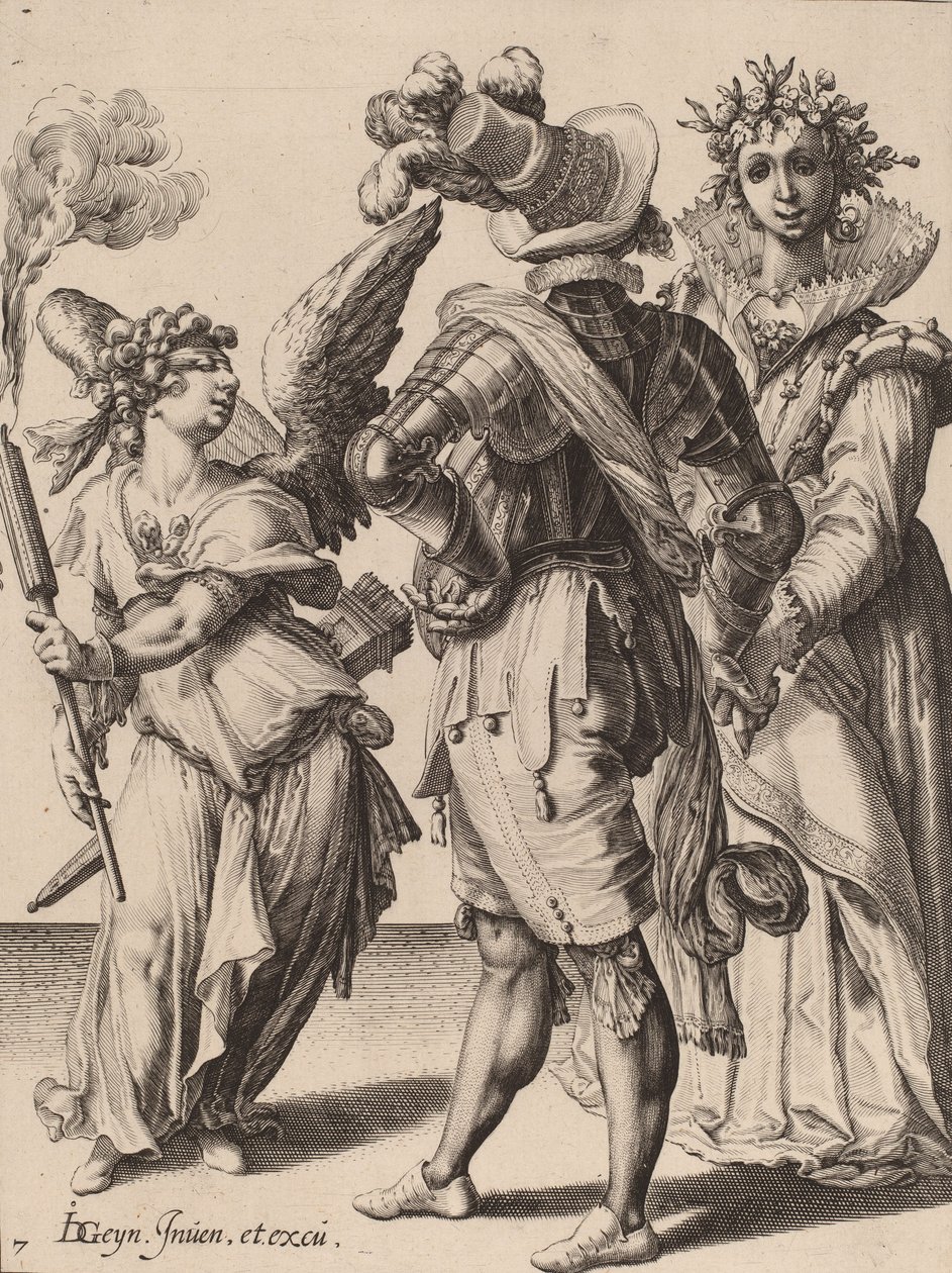 Kupidyn z zawiązanymi oczami trzymający pochodnię przed parą, przypisywany Zachariasowi Dolendo, 1595-6 (rycina na papierze wykładanym) autorstwa Jacques II de Gheyn