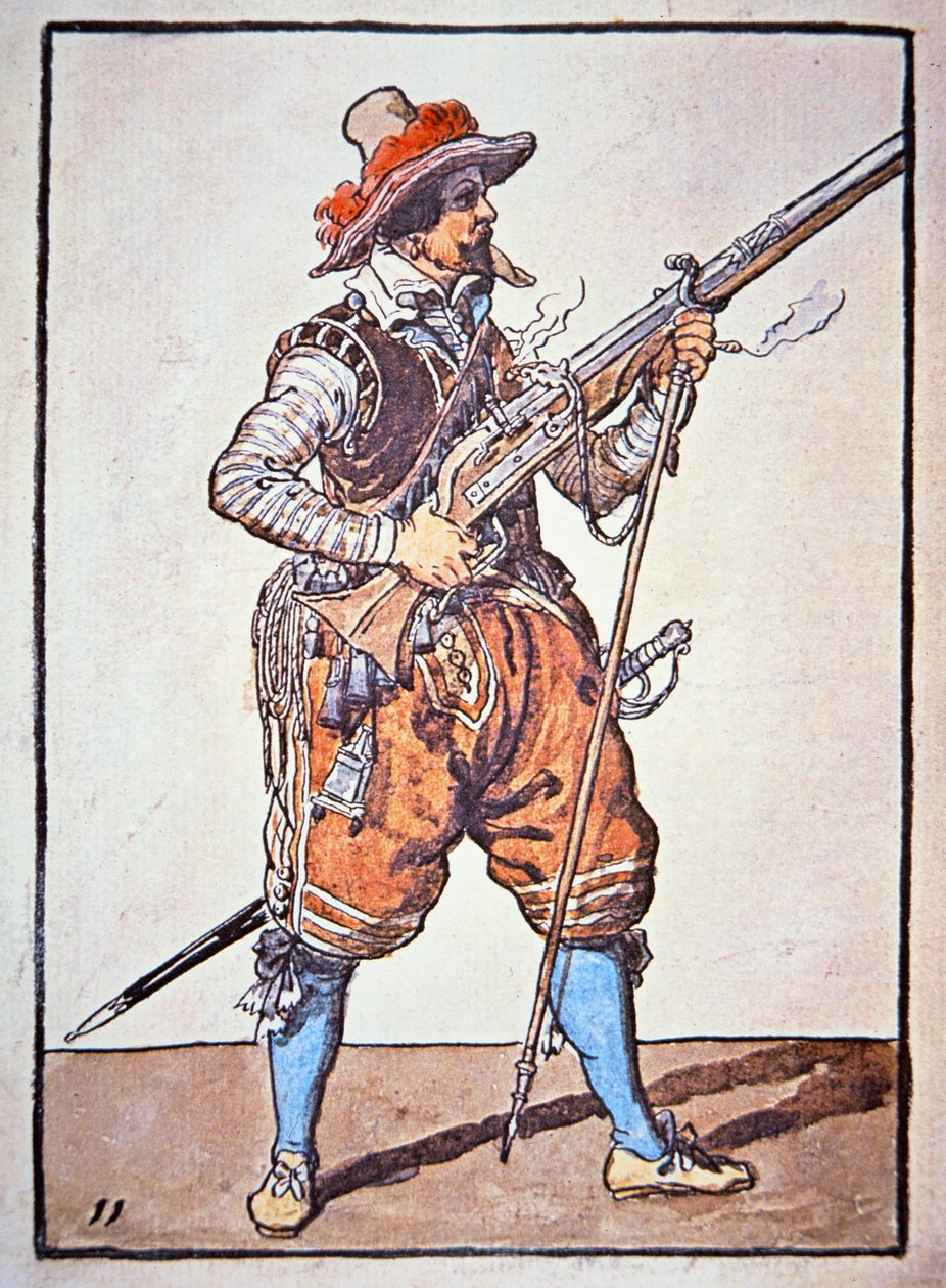 Arkebusier uzbrojony w muszkiet lontowy, ilustracja z „Podręcznika broni” autorstwa Jacques II de Gheyn