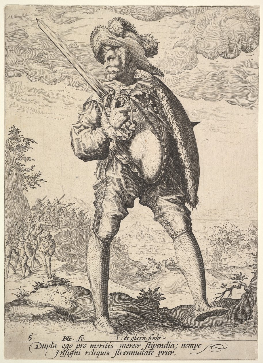 Żołnierz uzbrojony w pałasz i tarczę, z książki Oficerowie i żołnierze, 1587. autorstwa Jacques II de Gheyn