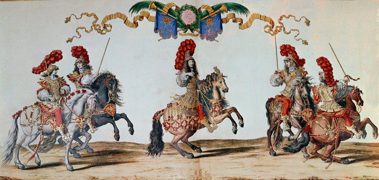 Karuzela 1662: Król Ludwik XIV i rycerze uczestniczący w Karuzeli 1662 w Paryżu (rycina) autorstwa Jacques I Bailly