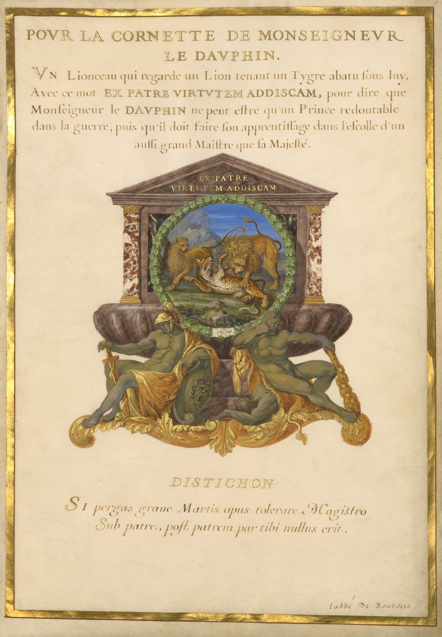 Ms. 11 (4) f.5, Godło Ludwika XIV, c.1663-68 (gwasz i złoto na pergaminie) autorstwa Jacques I Bailly