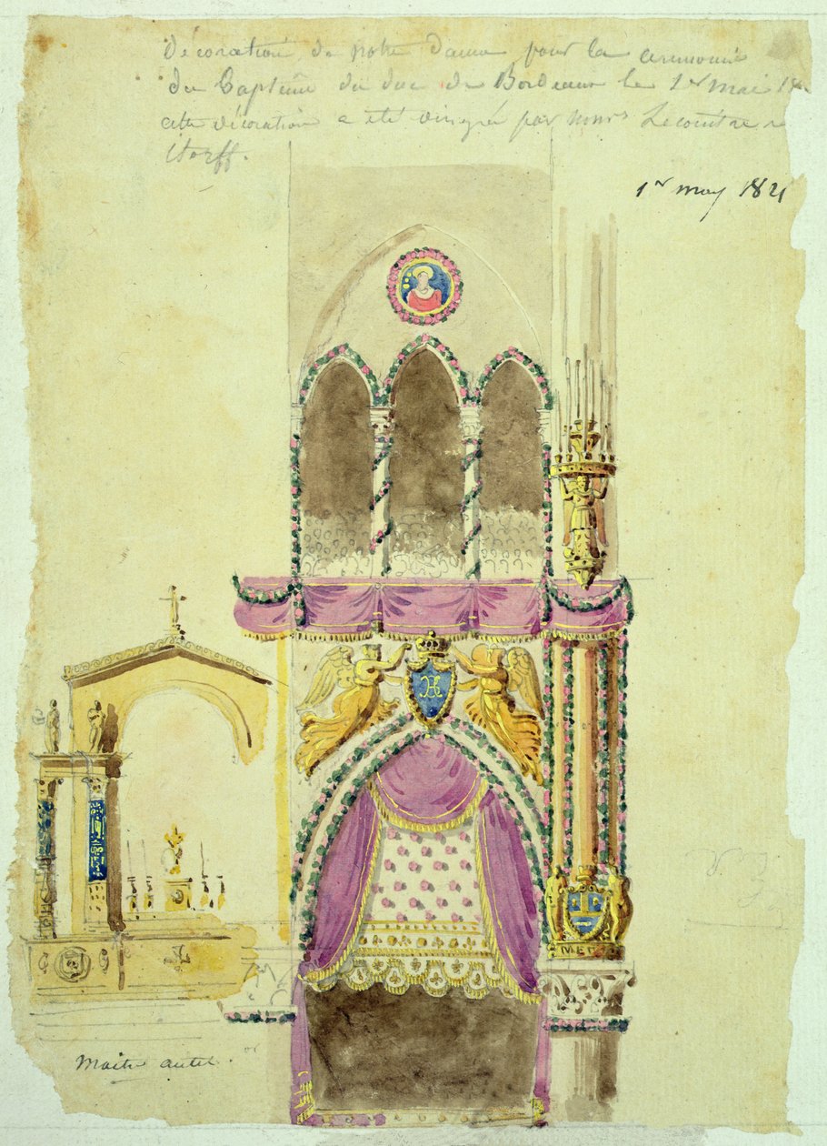 Projekt dekoracji Notre Dame na chrzest księcia de Bordeaux autorstwa Jacques Ignace Hittorff