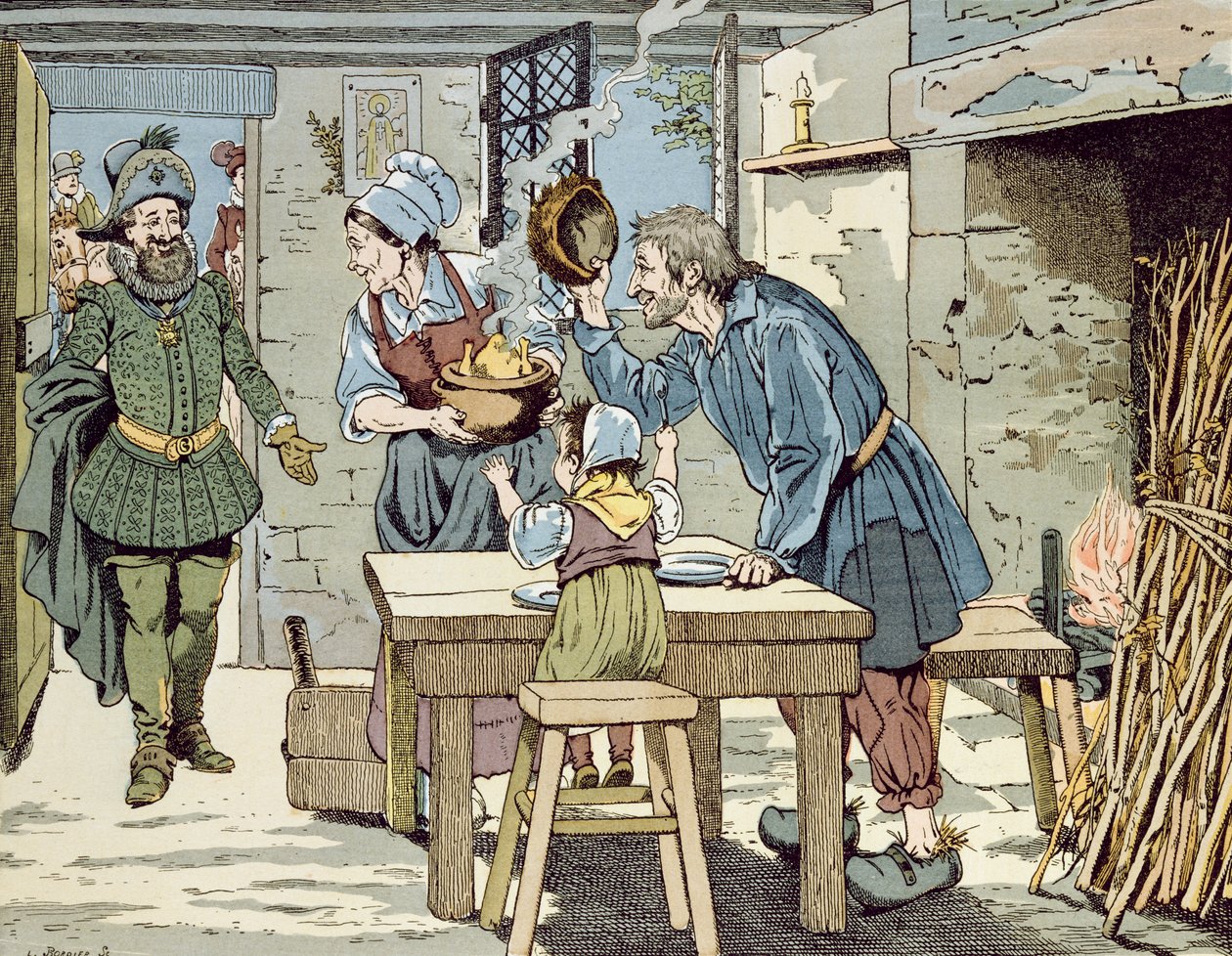 Henryk IV, Król Ubogich, który chce, aby wszyscy jego poddani mieli kurczaka na niedzielny obiad, ok. 1900 autorstwa Jacques Marie Gaston Onfray de Breville (Job)
