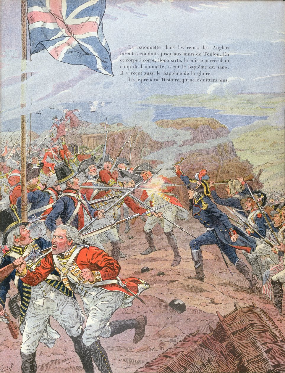 Napoleon (1769-1821) podczas oblężenia Tulonu, 17 grudnia 1793, ilustracja z „Bonaparte” G. Montorgueila, 1910 autorstwa Jacques Marie Gaston Onfray de Breville (Job)