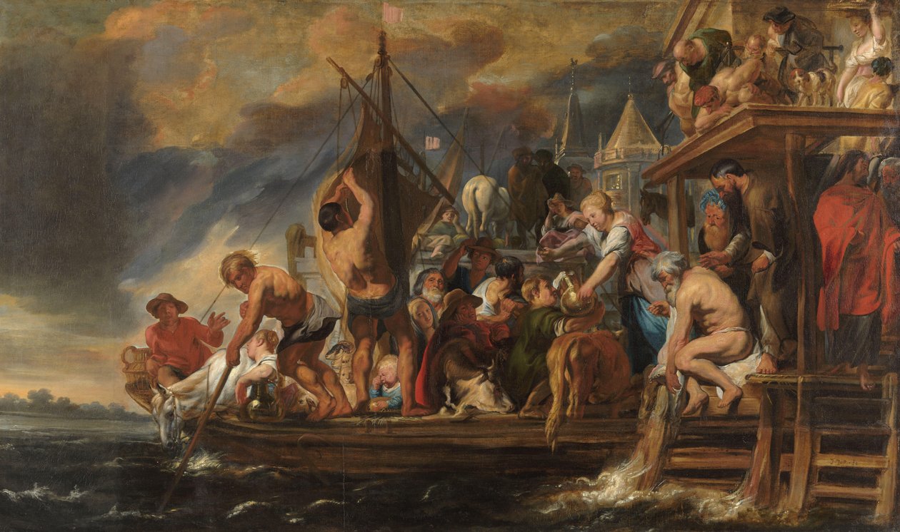 Prom odpływa, gdy św. Piotr znajduje monetę w pysku ryby autorstwa Jacques Jordaens