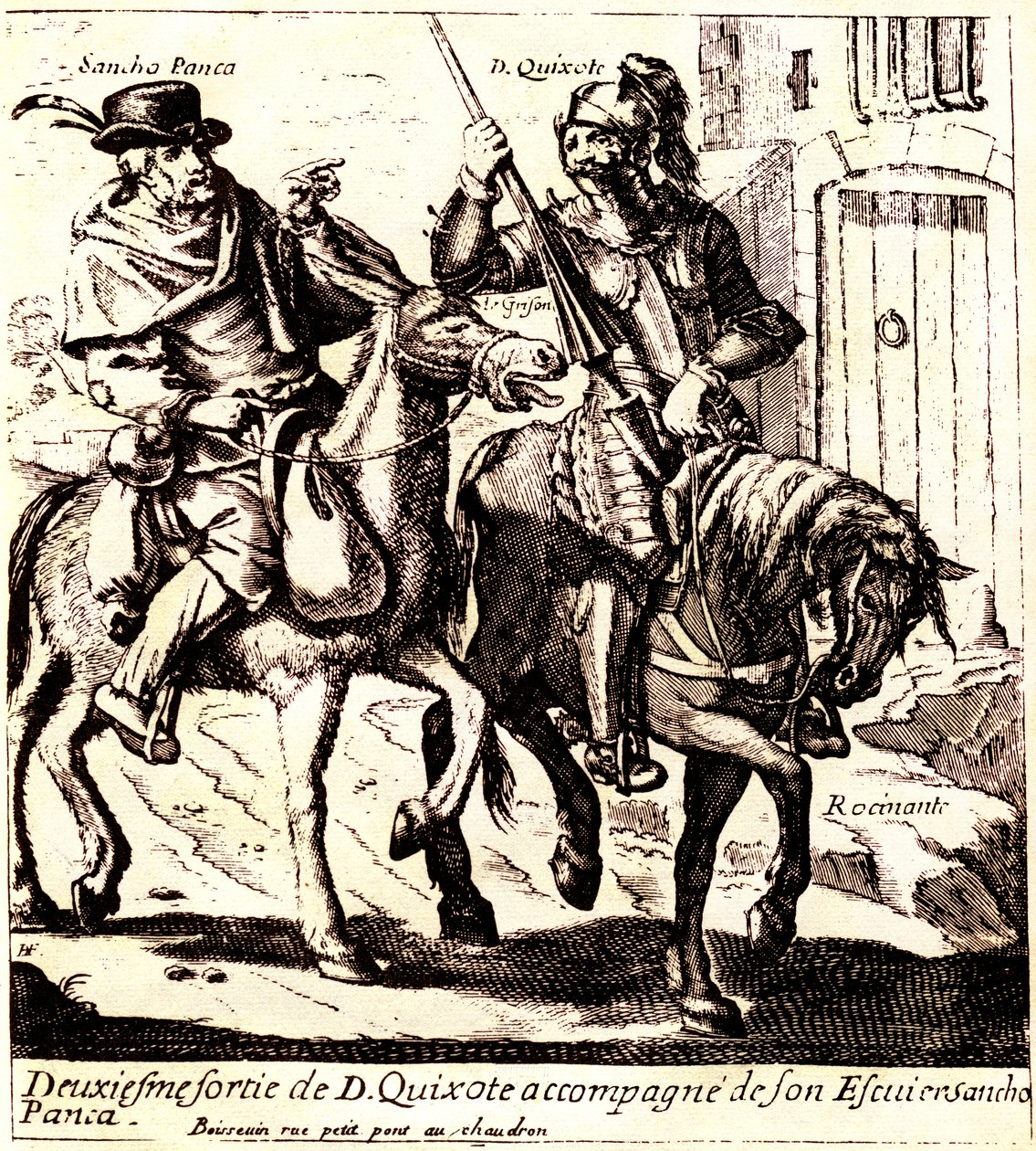 Don Kichot na Rossinante w towarzystwie Sancho Panca na ośle Grisonie, ok. 1640 r. (ilustracja) autorstwa Jacques Lagniet