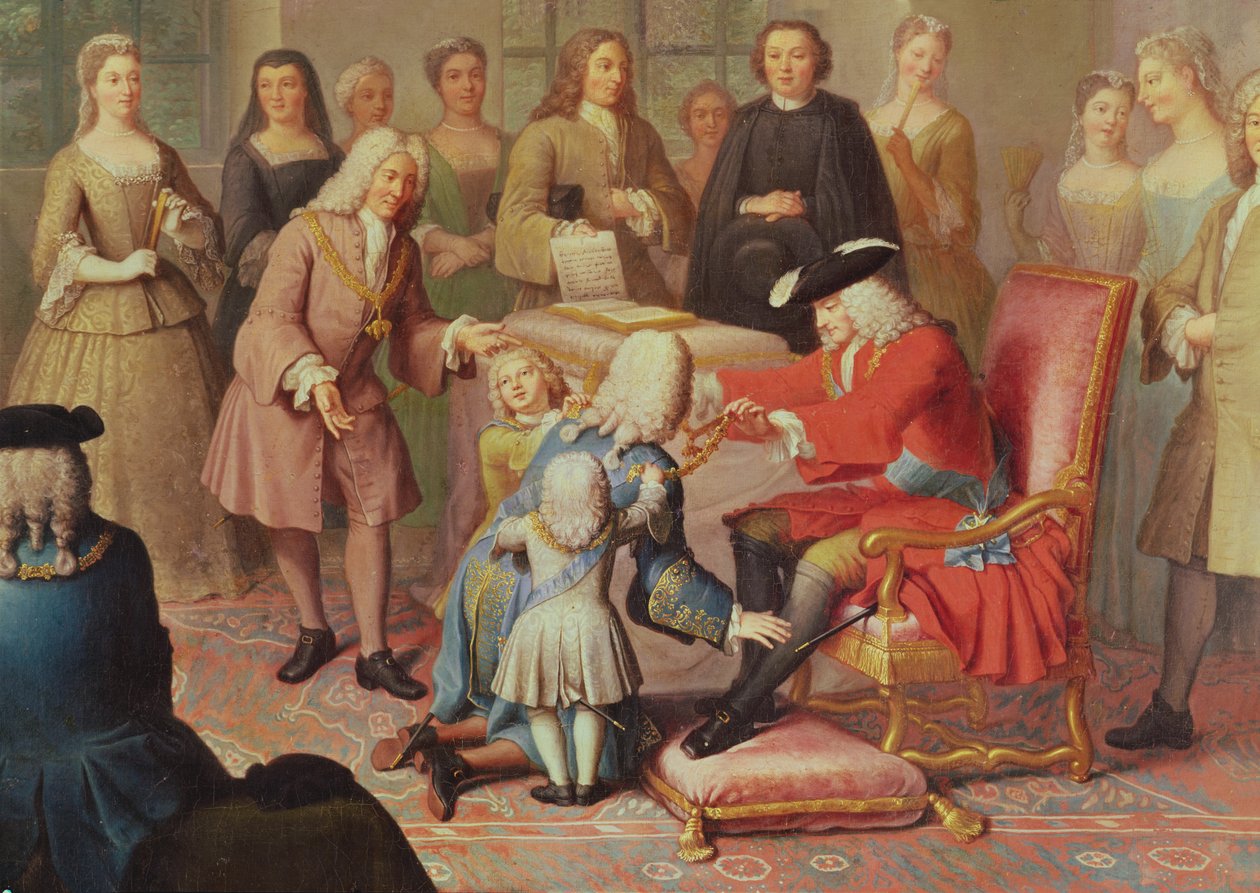 Filip V z Hiszpanii wręcza Złote Runo marszałkowi Theres, ambasadorowi Francji w Hiszpanii w 1724 r. autorstwa Jacques Laumosnier