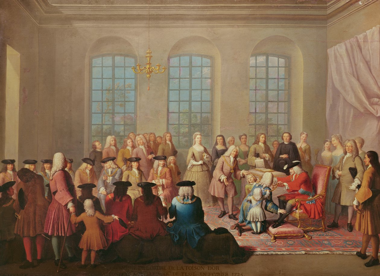 Hiszpański Filip V wręcza Złote Runo marszałkowi Tesse jako ambasador Francji w Hiszpanii w 1724 r. autorstwa Jacques Laumosnier