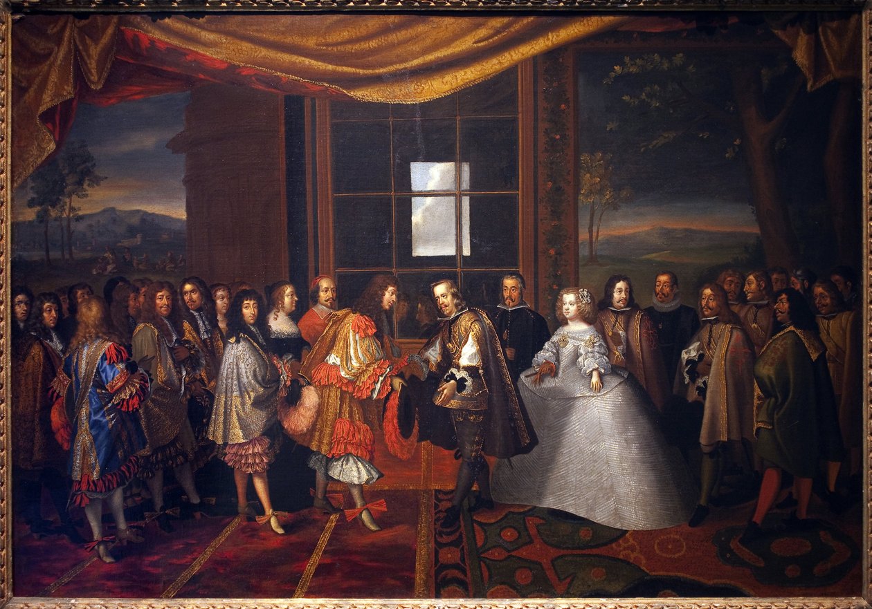 Wojna trzydziestoletnia: „”Wywiad króla Francji Ludwika XIV (1638-1715) i Filipa IV Hiszpanii (1605-1665) na wyspie Paisans w dniu 7.11.1659”” Hiszpania zgadza się podpisać traktat Pireneje. Córka Filipa IV, Marie Therese (Marie-Therese) autorstwa Jacques Laumosnier