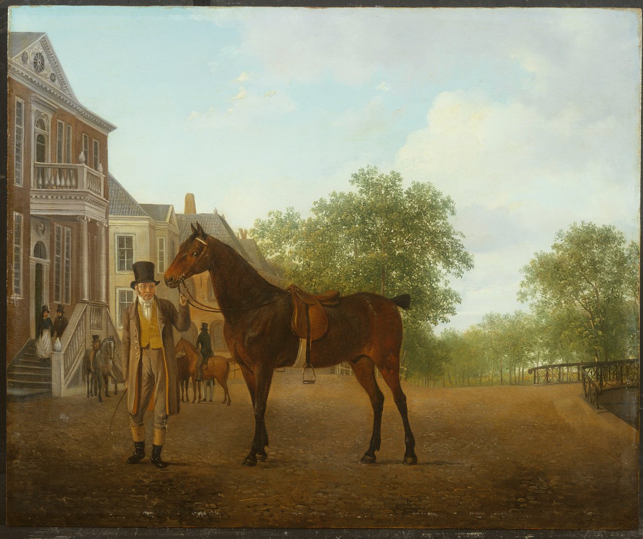 Dżentelmen trzymający osiodłanego konia na ulicy nad kanałem autorstwa Jacques Laurent Agasse