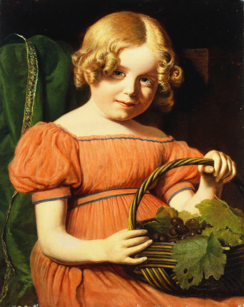 Portret Louisy Booth, siedzącej do połowy długości, w koralowo-różowej sukience z niebieskim warkoczem trzymającym kosz winogron, autorstwa Jacques Laurent Agasse