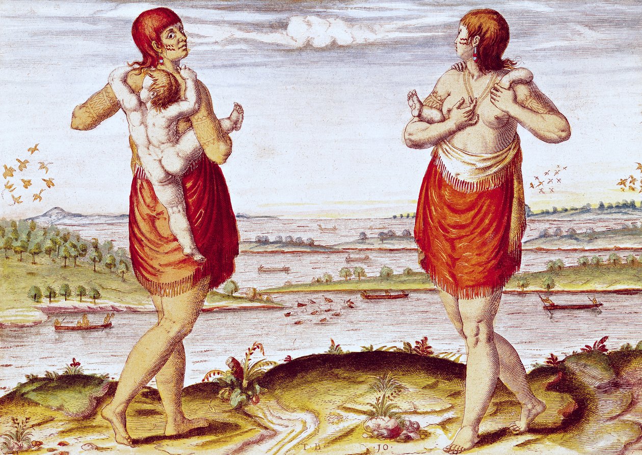 Jak kobiety z Dasamonquepeuc niosą swoje dzieci, z „Admiranda Narratio…”, ryty przez Theodore de Bry (1528-88) 1585-88 autorstwa Jacques Le Moyne