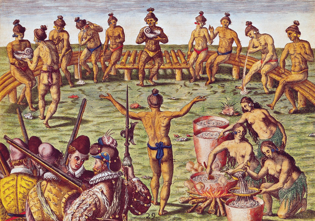Jak mieszkańcy Florydy podejmowali decyzje w ważnych sprawach, z „Brevis Narratio...”, ryciny przez Theodore de Bry (1528-88) 1563 autorstwa Jacques Le Moyne