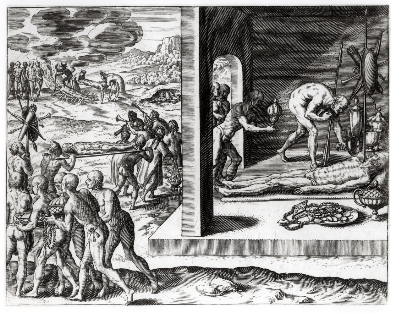 Indyjskie obrzędy pogrzebowe, z „Americae”, napisane i ryte przez Theodora de Bry (1525-75), 1602 autorstwa Jacques Le Moyne