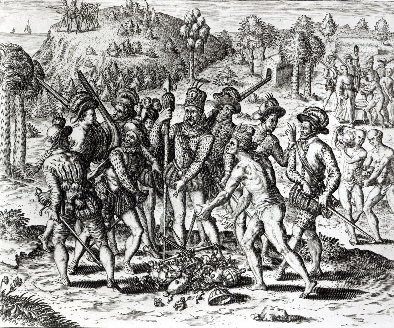 Hiszpanie otrzymujący prezenty od Indian, z „Historii”, 1598, sztychowany przez Theodora de Bry (1528-98) autorstwa Jacques Le Moyne