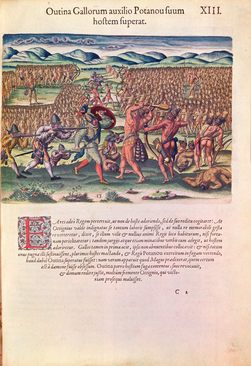 Francuzi pomagają Indianom w bitwie, z "Brevis Narratio...", rycina Theodore
