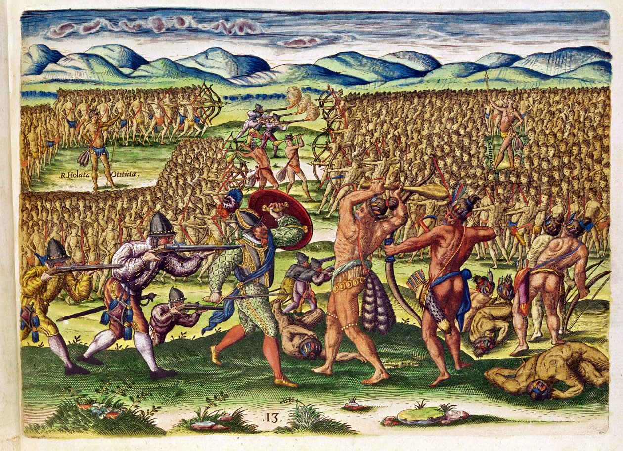 Francuzi Help the Indians in Battle, z „Brevis Narratio...”, ryciny przez Theodore de Bry (1528-98) opublikowanej we Frankfurcie, 1591 (patrz także 173458 i 111679) autorstwa Jacques Le Moyne
