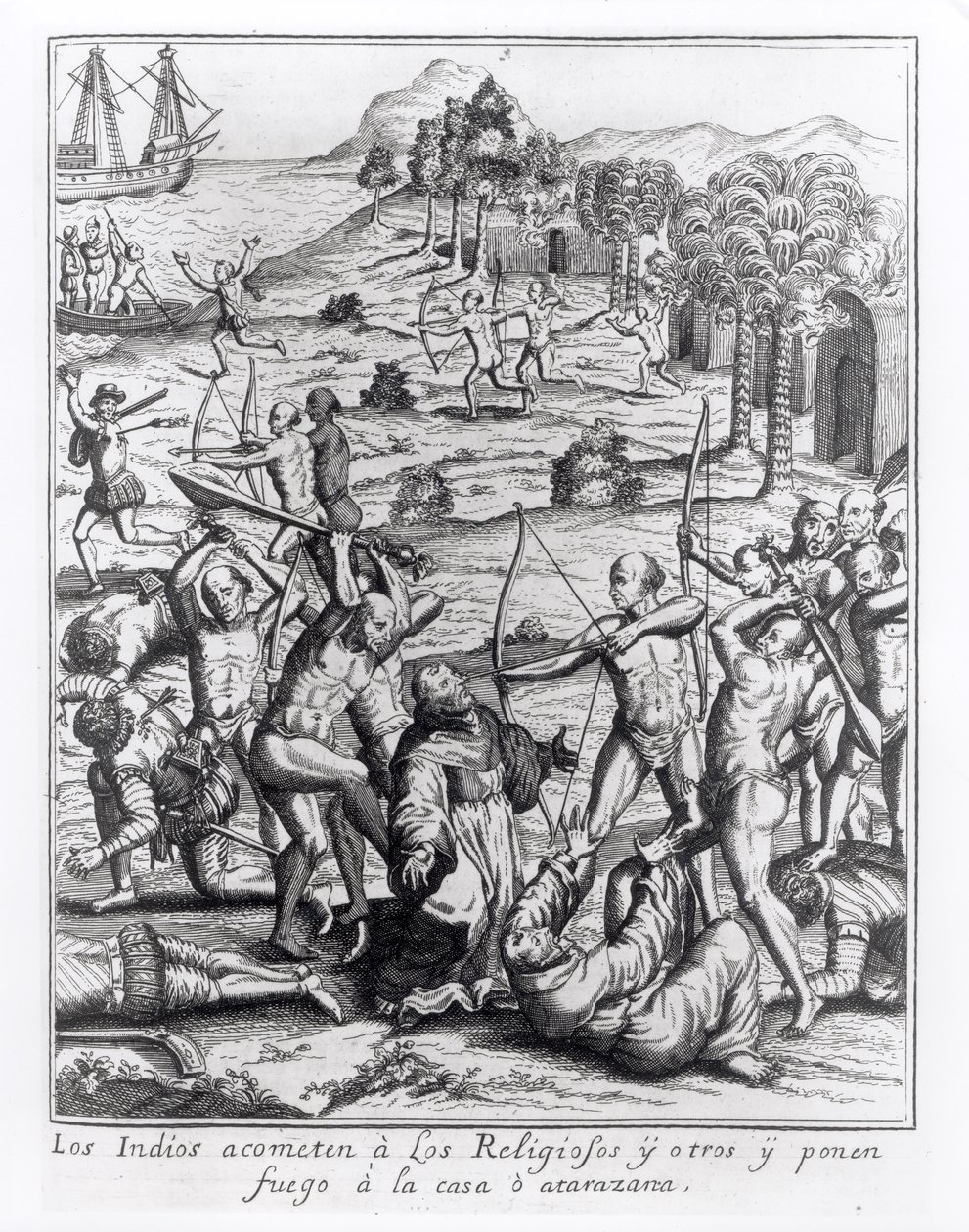 Indianie atakujący księży i innych i podpalający ich domy, rycina z „Americae”, napisana i rytowana przez Theodora de Bry (1528-98) autorstwa Jacques Le Moyne