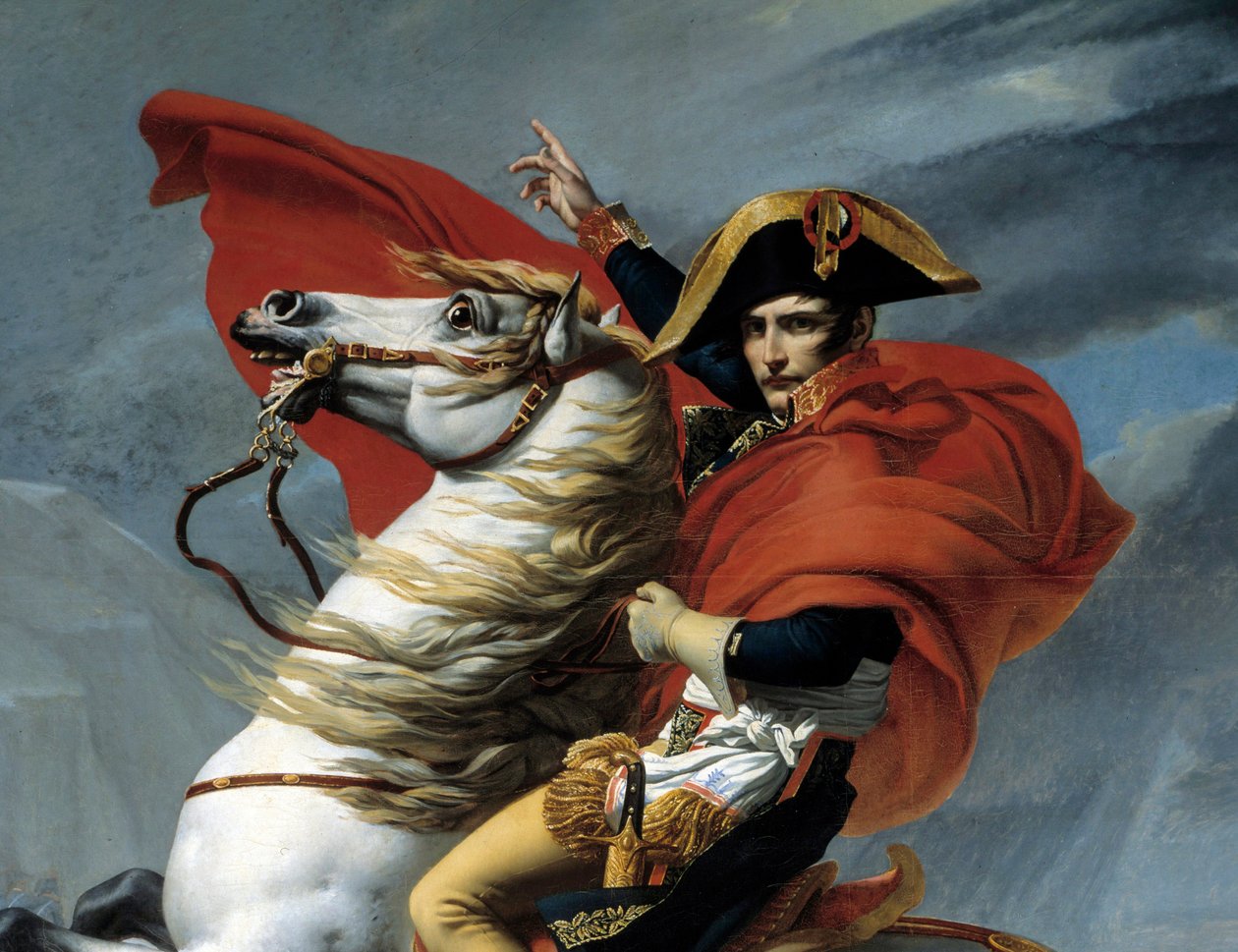 Pierwszy Konsul Napoleon Bonaparte (1769-1821) przekraczający Alpy na przełęczy Wielkiego Świętego Bernarda w maju 1800 r. Szczegół. Obraz Jacques Louis David (1748-1825) XIX-wieczny Paryż, Musee de l