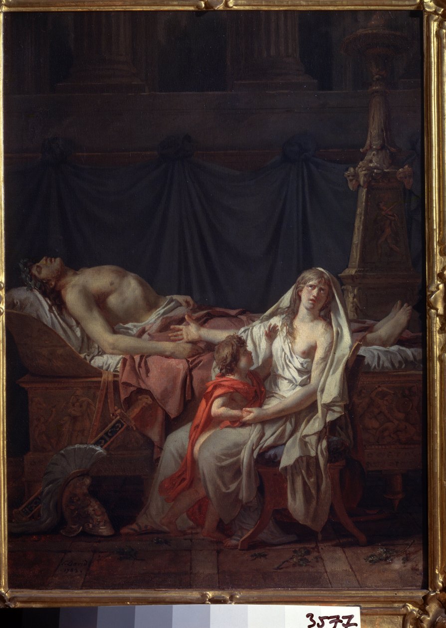„Andromacha opłakuje Hektora” (Andromacha opłakuje Hectora). Nazywany również „Bólem i żalem Andromachy na ciele Hectora Jej męża”. Andromaque i jej syn Astianaks przed zwłokami Hektora, zabitych podczas wojny trojańskiej. Malarstwo Jacq autorstwa Jacques Louis David