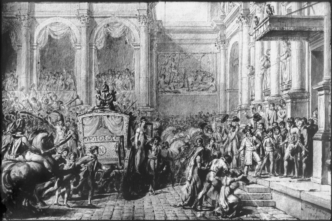 Powrót z konsekracji, Napoleon przybywający do hotelu de Ville, Paryż, 1805 (pióro i czarny tusz, szare pranie i grafit na papierze) autorstwa Jacques Louis David