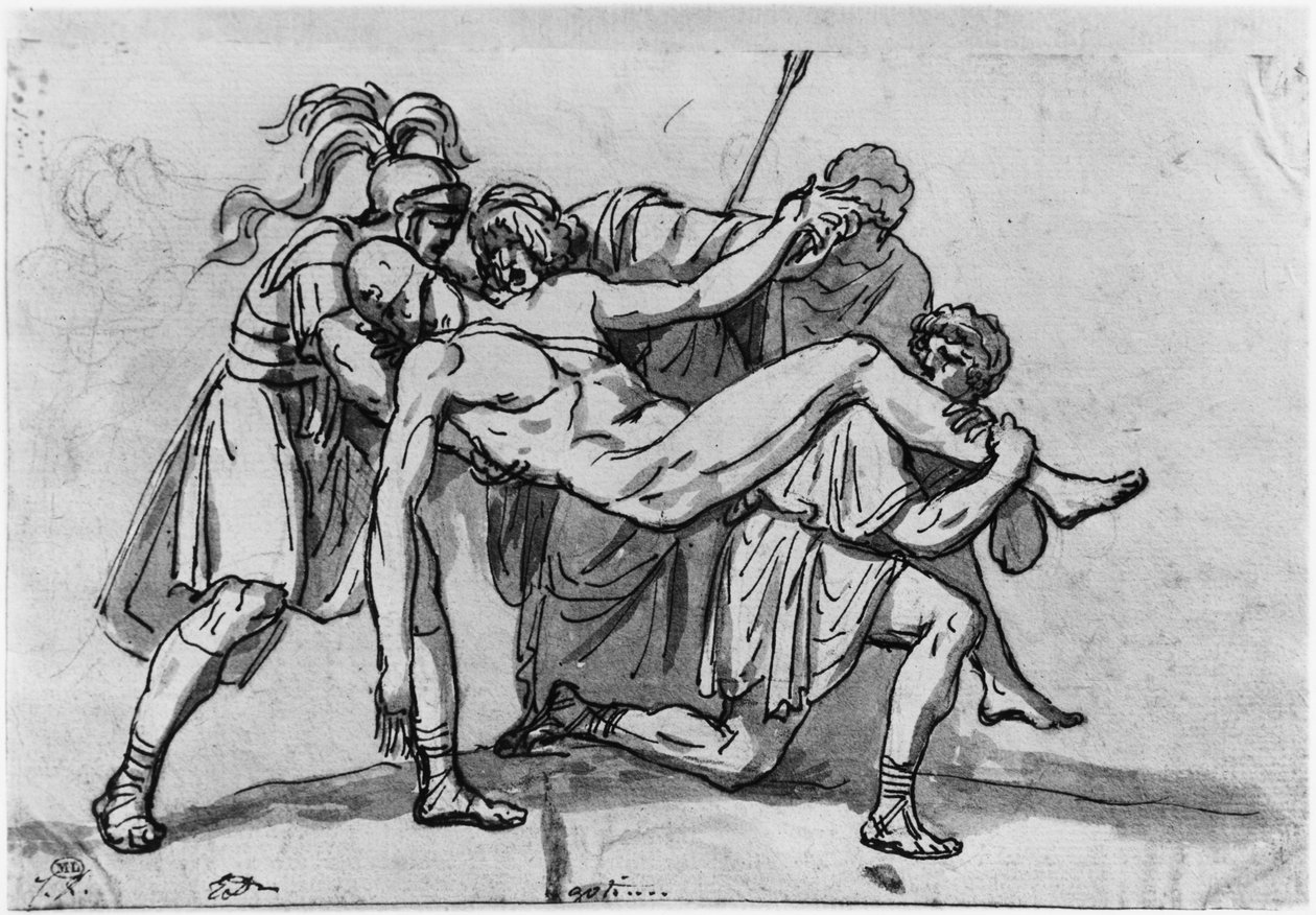Śmierć Meleagera (pióro i brązowy tusz oraz szary wash i pierre noire na papierze) autorstwa Jacques Louis David